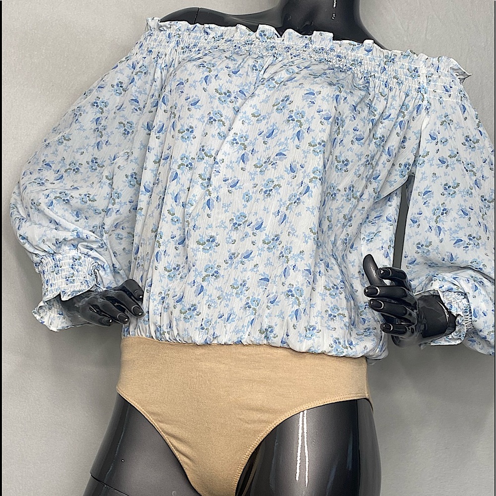 WAYF PALE BLUE AND WHITE OFF THE SHOULDER BODYSUIT